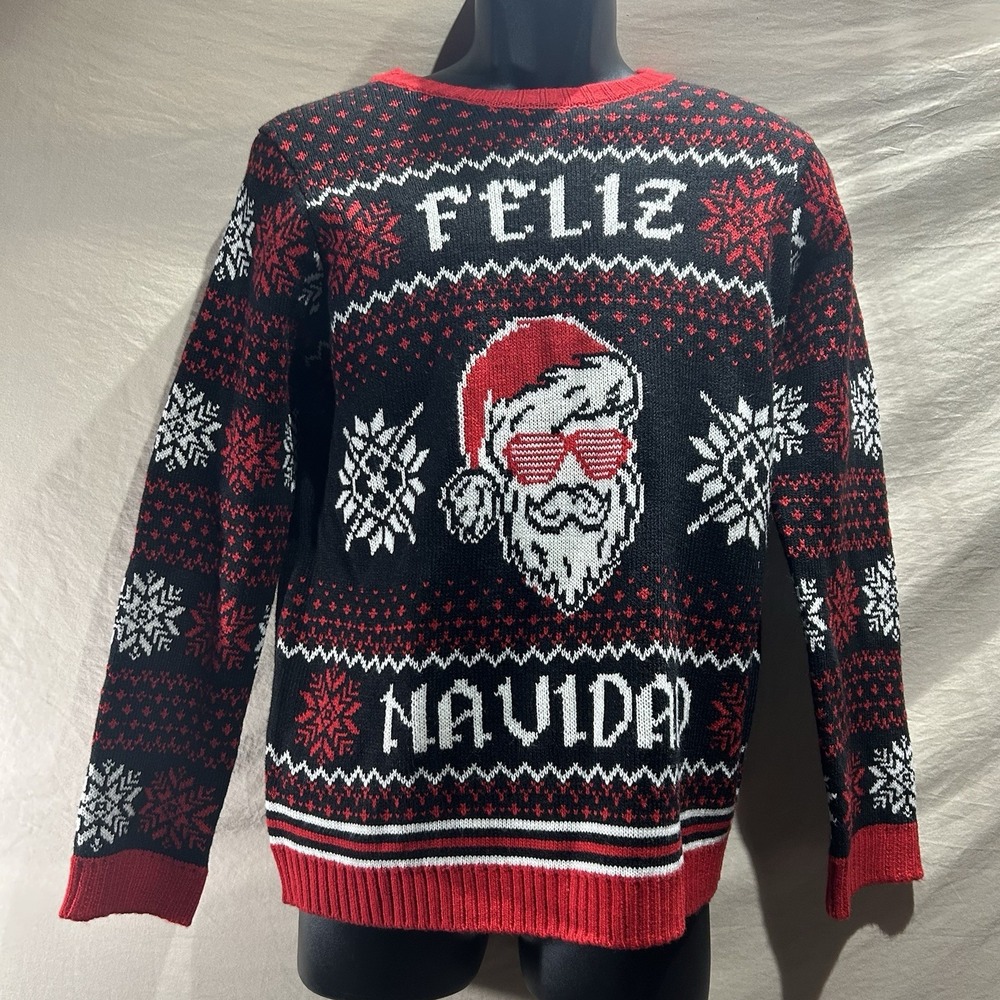 Holiday Time Feliz Navidad Ugly Christmas Sweater Santa Sunglass Black XL 14-16